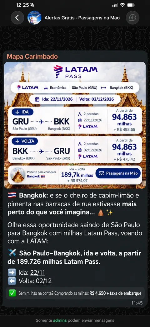 Alerta no grupo: São Paulo para Bangkok, ida e volta a partir de 189.726 milhas Latam Pass
