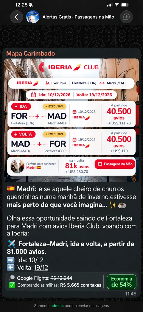 Alerta no grupo: Fortaleza para Madri em Executiva, ida e volta a partir de 81 mil avios Iberia Club