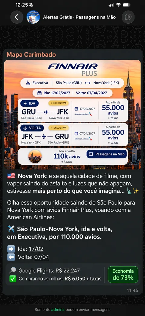 Alerta no grupo: São Paulo para Nova York em Executiva, ida e volta por 110 mil avios, com comparação de preço no Google Flights
