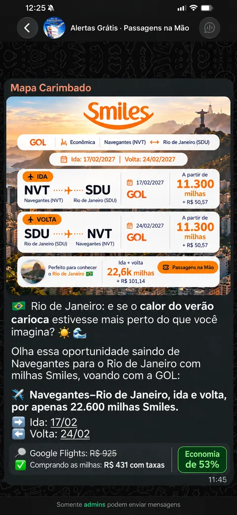 Alerta no grupo: Navegantes para o Rio de Janeiro, ida e volta por 22.600 milhas Smiles