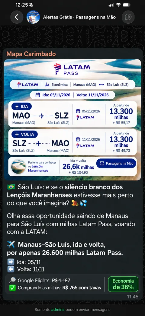 Alerta no grupo: Manaus para São Luís, ida e volta por 26.600 milhas Latam Pass